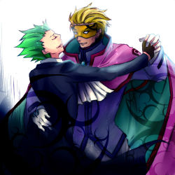 Rule 34 | arc system works, blazblue, blonde hair, cape, dancing, formal, green hair, hazama, lowres, mask, relius clover, suit