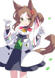 Rule 34 | 1girl, :d, absurdres, animal ears, black bow, black skirt, blush, bow, brown hair, commentary request, fine motion (umamusume), gloves, green vest, hands up, highres, horse ears, horse girl, horse tail, ichi (ichi.colors), jacket, long sleeves, looking at viewer, multicolored hair, open clothes, open jacket, open mouth, ponytail, simple background, skirt, smile, solo, tail, two-tone hair, umamusume, vest, white background, white gloves, white hair, white jacket