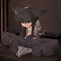 Rule 34 | 1girl, animal ears, bdsm, black hair, blunt bangs, bondage, bound, butterfly sitting, commentary request, dougi, eyes visible through hair, fox ears, gradient background, hime cut, katana, long hair, looking at viewer, no nose, open clothes, open shirt, original, ponytail, restrained, sakifox, sarashi, shibari, shibari over clothes, shirt, sitting, slit pupils, solo, sweatdrop, sword, tabi, weapon
