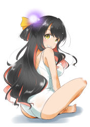 Rule 34 | 1girl, absurdres, ass, barefoot, black hair, breasts, commentary request, from behind, grin, hair ribbon, half updo, highres, kantai collection, large breasts, long hair, looking at viewer, looking back, multicolored hair, naganami (kancolle), one-hour drawing challenge, one-piece swimsuit, pink hair, ribbon, school swimsuit, simple background, smile, solo, swimsuit, taisinkoku, two-tone hair, wavy hair, white background, white one-piece swimsuit, white school swimsuit, yellow eyes, yellow ribbon