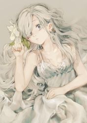 Rule 34 | 1girl, absurdres, awa (12687414), bad id, bad pixiv id, bed sheet, breasts, cleavage, dress, earrings, elizabeth liones, flower, from above, grey background, grey dress, grey eyes, hair flower, hair ornament, highres, jewelry, long hair, lying, nanatsu no taizai, on back, parted lips, silver hair, sketch, sleeveless, sleeveless dress, small breasts, solo, swept bangs, very long hair, white flower