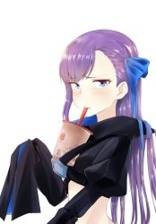 Rule 34 | 1girl, blue eyes, blue ribbon, blush, breasts, bubble tea, bubble tea challenge, coffeekite, cropped jacket, cup, disposable cup, drinking, drinking straw, fate/extra, fate/extra ccc, fate (series), hair ribbon, highres, long hair, long sleeves, looking at viewer, meltryllis (fate), object on breast, purple hair, ribbon, sleeves past fingers, sleeves past wrists, small breasts, very long hair