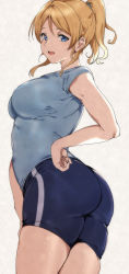 Rule 34 | 1girl, absurdres, alp, ayase eli, bike shorts, blonde hair, blue eyes, blue ribbon, blue shirt, blue shorts, breasts, grey background, hair ribbon, hand on own hip, highres, large breasts, long hair, looking to the side, love live!, love live! school idol project, parted bangs, ponytail, ribbon, shirt, short sleeves, shorts, simple background, solo, sweat, sweaty clothes, t-shirt