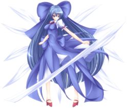 Rule 34 | 1girl, alternate hairstyle, bad id, bad pixiv id, blue hair, bow, cirno, dress, full body, hair bow, high heels, impossible clothes, impossible dress, large bow, long hair, mikan (5555), aged up, pigeon-toed, ribbon, shoes, solo, standing, touhou, transparent background, very long hair