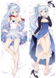 Rule 34 | 1girl, bare legs, bare shoulders, barefoot, black panties, blue dress, blue eyes, commentary request, dakimakura (medium), dress, feet, high heels, holding, holding clothes, holding dress, jewelry, knees together feet apart, legs, lying, moeanime, necklace, no scar, panties, pigeon-toed, ponytail, rwby, shoes, shrug (clothing), tiara, toenails, toes, underwear, weiss schnee, white dress, white hair