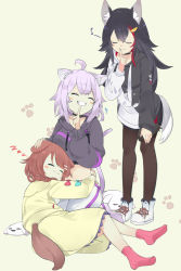 Rule 34 | 3girls, ahoge, animal ear fluff, animal ears, black choker, black hair, black hoodie, blush, brown hair, brown legwear, cat ears, cat girl, cat tail, choker, closed eyes, closed mouth, clothing cutout, commentary request, cropped hoodie, dog ears, dog girl, dog tail, facing another, finger to mouth, grin, hair ornament, hand on another&#039;s head, highres, hololive, hood, hood down, hoodie, inugami korone, inugami korone (1st costume), long hair, long sleeves, lying, medium hair, mimizuku (mmiganaru), multicolored hair, multiple girls, nekomata okayu, nekomata okayu (1st costume), no shoes, on side, ookami mio, ookami mio (casual), pants, pantyhose, purple hair, red hair, red legwear, shirt, shoes, shushing, simple background, sitting, skirt, smile, socks, standing, streaked hair, tail, tail raised, tail through clothes, two-tone hoodie, virtual youtuber, white background, white footwear, white hoodie, white pants, wolf girl, wolf tail, yellow shirt, yellow skirt, zzz