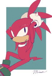 Rule 34 | 1boy, absurdres, alternate hairstyle, animal nose, aqua background, arms up, artist name, body fur, boots, border, closed mouth, fang, fang out, furry, furry male, gloves, hair tie, highres, knee up, knuckles the echidna, long hair, looking at viewer, male focus, miwa (ahyuck), mouth hold, outside border, ponytail, purple eyes, red footwear, red fur, red hair, sidelocks, signature, simple background, sitting, solo, sonic (series), spikes, tail, tying hair, white border, white fur, white gloves, yellow fur