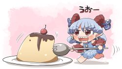 Rule 34 | 1girl, bare shoulders, barefoot, blue bow, blue dress, blush, bow, detached sleeves, dress, earrings, food, grey hair, hair between eyes, hair bow, highres, holding spork, horns, jewelry, motion lines, open mouth, pointy ears, pudding, red eyes, red horns, red sleeves, rokugou daisuke, sharp teeth, sheep horns, short hair, signature, smile, solo, spork, teeth, touhou, toutetsu yuuma