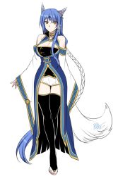 Rule 34 | 1girl, absurdly long hair, black thighhighs, blue dress, breasts, cleavage, commentary request, dated, dress, full body, hair ornament, headpiece, horn ornament, horns, konshin, large breasts, long hair, long sleeves, looking at viewer, orange eyes, original, short shorts, shorts, simple background, solo, standing, tail, thighhighs, toeless legwear, very long hair, white background, white shorts, wide sleeves