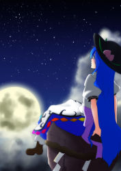 Rule 34 | 1girl, arm support, arms behind back, blouse, blue hair, blurry, boots, cloud, depth of field, flying, food, from behind, fruit, hat, highres, hinanawi tenshi, kameyan, keystone, long hair, looking away, moon, night, night sky, peach, rope, sash, shimenawa, shirt, sitting, skirt, sky, solo, star (sky), starry sky, touhou