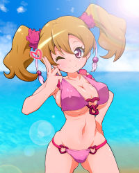 Rule 34 | 00s, 1girl, bikini, blue background, breasts, brown hair, cloud, day, fresh precure!, hand on own hip, heart, highres, impossible clothes, large breasts, momozono love, o-ring, o-ring bikini, ocean, one eye closed, pink bikini, pink eyes, precure, ryuuta (cure ryuuta), short hair, sky, smile, solo, swimsuit, twintails