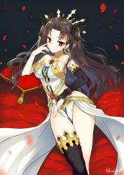 Rule 34 | 1girl, armlet, bare shoulders, black hair, breasts, bridal gauntlets, crown, earrings, fate/grand order, fate (series), gem, hair ribbon, himaya, hoop earrings, ishtar (fate), jewelry, long hair, looking at viewer, lying, necklace, on back, parted bangs, petals, pillow, red eyes, ribbon, single bridal gauntlet, single thighhigh, smile, solo, thighhighs, thighs, tohsaka rin, two side up