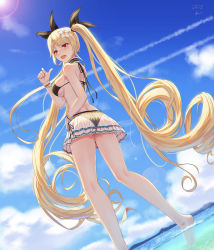 Rule 34 | 1girl, absurdly long hair, ass, azur lane, bare shoulders, bikini, black bikini, black ribbon, blonde hair, blue sky, blush, breasts, cloud, day, flower, from below, hair flower, hair ornament, hair ribbon, highres, large breasts, long hair, looking at viewer, nelson (azur lane), ocean, open mouth, outdoors, pleated skirt, pointing, pointing at viewer, red eyes, ribbon, see-through, shoulder blades, side-tie bikini bottom, sidelocks, signature, skindentation, skirt, sky, solo, standing, swimsuit, thighs, twintails, twisted torso, very long hair, wristband, you ni ge shaobing