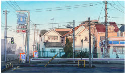 Rule 34 | bad id, bad pixiv id, bicycle, blurry, bush, commentary, convenience store, crosswalk, depth of field, evening, house, lawson, millipen (medium), no humans, original, outdoors, painting (medium), power lines, railing, road, scenery, shop, sign, sky, street, traditional media, tree, utility pole, watercolor (medium)