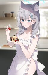 Rule 34 | 1girl, absurdres, animal ear fluff, animal ears, apron, bare arms, blue archive, blue eyes, blurry, blurry background, blush, breasts, cake, cake slice, cleavage, closed mouth, collarbone, commentary request, depth of field, food, frilled apron, frills, fruit, goyain, grey hair, hair between eyes, hair ornament, halo, highres, holding, holding food, holding plate, indoors, long hair, looking away, medium breasts, naked apron, plate, shiroko (blue archive), solo, strawberry, white apron