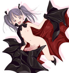 Rule 34 | 1girl, cape, fangs, flat chest, futanari, naked cape, navel, nipples, open mouth, penis, shiny skin, simple background, solo, third-party edit, uncensored, vampire, yozora