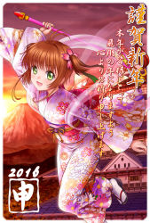 Rule 34 | 10s, 1990s (style), 1girl, 2016, antenna hair, architecture, blush, brown hair, cardcaptor sakura, east asian architecture, green eyes, hair ornament, happy new year, highres, hoshi no tsue, japanese clothes, kimono, kinomoto sakura, looking at viewer, mutsuki (moonknives), new year, open mouth, retro artstyle, sandals, shawl, short hair, smile, socks, solo, two side up, wand