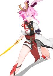 Rule 34 | 1girl, absurdres, animal ears, armor, closed mouth, fox ears, gloves, hair ornament, highres, holding, holding sword, holding weapon, honkai (series), honkai impact 3rd, japanese armor, japanese clothes, katana, kimono, looking at viewer, pink hair, purple eyes, shadow, simple background, single glove, solo, sword, tiankong pie ai, weapon, white background, white gloves, white kimono, yae sakura, yae sakura (flame sakitama)