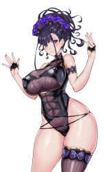 Rule 34 | 1girl, armlet, bare shoulders, black hair, blush, breasts, closed mouth, contrapposto, covered erect nipples, covered navel, cowboy shot, curvy, fate/grand order, fate (series), fingerless gloves, flower, gloves, gold trim, groin, hair flower, hair ornament, hair up, half gloves, highleg, highleg swimsuit, highres, impossible clothes, impossible swimsuit, large breasts, long hair, looking at viewer, mahou kyuuri, multi-strapped swimsuit, murasaki shikibu (fate), murasaki shikibu (swimsuit rider) (fate), murasaki shikibu (swimsuit rider) (first ascension) (fate), narrow waist, one-piece swimsuit, purple eyes, shiny swimsuit, simple background, single thighhigh, skindentation, smile, solo, swimsuit, thick thighs, thighhighs, thighs, w arms, white background, wide hips