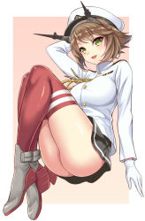 Rule 34 | 1girl, admiral (kancolle), admiral (kancolle) (cosplay), alternate costume, ankle boots, ass, blush, boots, breasts, brown hair, cosplay, full body, gloves, green eyes, headgear, kantai collection, kase daiki, large breasts, legs, looking at viewer, military, military uniform, miniskirt, mutsu (kancolle), naval uniform, open mouth, red thighhighs, short hair, simple background, skirt, smile, solo, thighhighs, uniform, white background, zettai ryouiki
