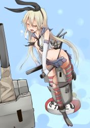 Rule 34 | 10s, 1girl, anchor, ascot, bad id, bad pixiv id, black panties, blonde hair, blue background, blush, boots, bow, breasts, clothed masturbation, crotch rub, elbow gloves, female masturbation, futa1027, g-string, gloves, grey footwear, hair ornament, hairband, highres, kantai collection, lifebuoy, long hair, masturbation, masturbation through clothes, midriff, miniskirt, navel, nipples, open mouth, panties, personification, pussy juice, rensouhou-chan, school uniform, serafuku, shimakaze (kancolle), skirt, small breasts, solo, striped clothes, striped thighhighs, swim ring, tears, thighhighs, thong, torn clothes, torn thighhighs, underwear, wince, yellow eyes