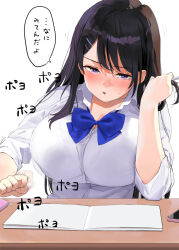Rule 34 | 1girl, black hair, blue bow, blue bowtie, blush, bow, bowtie, breasts, cleavage, collared shirt, commentary request, desk, kaisen chuui, large breasts, long sleeves, looking at viewer, open mouth, original, purple eyes, school uniform, shirt, simple background, solo, translation request, white background, white shirt