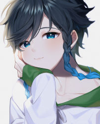 Rule 34 | 1boy, absurdres, androgynous, black hair, blue hair, braid, closed mouth, collarbone, commentary, genshin impact, gradient hair, green eyes, hand on own cheek, hand on own face, highres, hood, hood down, hoodie, kkopoli, long sleeves, looking at viewer, male focus, multicolored hair, short hair with long locks, simple background, smile, solo, symbol-only commentary, twin braids, venti (genshin impact), white background