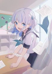 Rule 34 | 1girl, absurdres, aqua neckerchief, blue eyes, blue hair, blue sailor collar, blue skirt, brianlee709, classroom, desk, fins, fish tail, flying paper, gawr gura, hair bobbles, hair ornament, highres, hololive, hololive english, indoors, leaning forward, looking at viewer, medium hair, multicolored hair, neckerchief, one side up, open mouth, open window, paper, pleated skirt, sailor collar, school uniform, serafuku, shark tail, sharp teeth, shirt, short sleeves, skirt, smile, solo, streaked hair, tail, teeth, virtual youtuber, white hair, white shirt, window