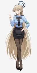 Rule 34 | 1girl, absurdres, armband, black footwear, black necktie, black pantyhose, black skirt, blonde hair, blue archive, blue eyes, blue hair, blue halo, blue shirt, blush, braid, closed mouth, collared shirt, crossed legs, dubeaduver, green armband, halo, hand on own hip, highres, legs, long hair, long sleeves, looking at viewer, multicolored hair, necktie, pantyhose, pencil skirt, police, police uniform, policewoman, shirt, shoes, skirt, solo, streaked hair, toki (blue archive), uniform, v