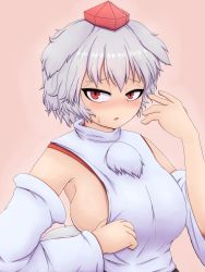 Rule 34 | 1girl, animal ears, bare shoulders, blush, breasts, clothes pull, commentary, detached sleeves, hat, highres, inubashiri momiji, kigan&#039;eiji, large breasts, looking at viewer, pom pom (clothes), red eyes, ribbon-trimmed sleeves, ribbon trim, shirt, short hair, sideboob, silver hair, sleeveless, sleeveless shirt, solo, tail, tokin hat, touhou, turtleneck, upper body, white shirt, wolf ears, wolf tail