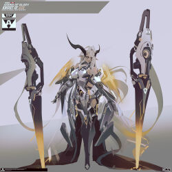 1girl bare_shoulders black_footwear black_horns boots breasts dark-skinned_female dark_skin demon_horns energy full_body gauntlets grey_background highres horns large_breasts large_horns long_hair looking_at_viewer mecha_musume original planted planted_sword planted_weapon pointy_ears see-through_clothes sideboob simple_background smjim1986 solo sword very_long_hair weapon white_hair