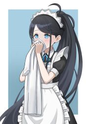 Rule 34 | 1girl, absurdly long hair, apron, aris (blue archive), aris (maid) (blue archive), black hair, blue archive, blue bow, blue bowtie, blue eyes, blush, bow, bowtie, bruce8763, commentary request, forehead, halo, highres, holding, holding clothes, holding shirt, long hair, looking at viewer, maid, maid apron, parted bangs, shirt, short sleeves, side ponytail, sidelocks, simple background, smelling, solo, two-tone background, very long hair, white shirt