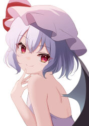 Rule 34 | 1girl, back, bare shoulders, bat wings, blue hair, blush, closed mouth, commentary, dress, finger to mouth, hair between eyes, hat, hat ribbon, head tilt, highres, kamachi (kamati0maru), looking at viewer, looking back, mob cap, red eyes, red ribbon, remilia scarlet, ribbon, short hair, simple background, smile, solo, touhou, upper body, white background, white hat, wings