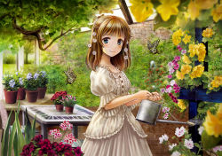 Rule 34 | 1girl, blue eyes, blush, brown hair, bug, bush, butterfly, chocolat., dress, flower, flower pot, hair flower, hair ornament, highres, insect, original, short hair, smile, solo, table, tree, watering can