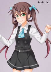 Rule 34 | 1girl, adapted costume, anti (untea9), asagumo (kancolle), brown hair, commentary request, cowboy shot, dress, green eyes, grey background, hair ribbon, highres, kantai collection, long hair, long sleeves, looking at viewer, original remodel (kantai collection), pinafore dress, ribbon, shirt, simple background, sleeveless dress, smile, solo, twintails, twitter username, white shirt