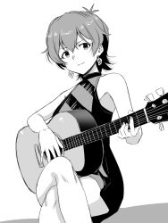 Rule 34 | 1girl, acoustic guitar, antenna hair, armpits, bare legs, bare shoulders, closed mouth, crossed legs, dot nose, dress, earrings, eyelashes, flipped hair, greyscale, guitar, hair between eyes, highres, idolmaster, idolmaster million live!, idolmaster million live! theater days, instrument, jewelry, julia (idolmaster), looking at viewer, matcha kingyo, monochrome, official alternate costume, parted bangs, playing guitar, short hair, sidelocks, simple background, sitting, sleeveless, sleeveless dress, solo, v-shaped eyebrows, white background