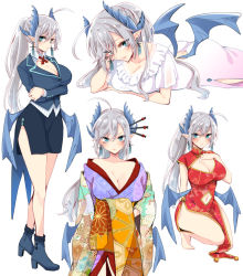 Rule 34 | 1girl, asazuki norito, bare shoulders, barefoot, blue eyes, blush, breasts, business suit, character sheet, china dress, chinese clothes, cleavage, cleavage cutout, closed mouth, clothing cutout, collarbone, commission, dragon girl, dress, expressions, formal, horns, japanese clothes, kimono, large breasts, layered clothes, layered kimono, long hair, low wings, multiple views, navel, navel cutout, obi, off shoulder, office lady, open mouth, original, pelvic curtain, pencil skirt, pixiv commission, pointy ears, ponytail, sash, silver hair, simple background, skirt, skirt suit, standing, suit, wide sleeves, wings, yukata