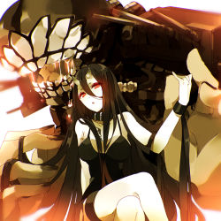 Rule 34 | 10s, 1girl, abyssal ship, battleship princess, black dress, black hair, breasts, choker, collar, colored skin, crossed legs, dress, fingernails, hair between eyes, hand up, horns, kantai collection, long hair, looking at viewer, medium breasts, military, military vehicle, noda (yncoon), open mouth, parted lips, personification, red eyes, ship, short dress, skin-covered horns, solo, solo focus, thigh strap, very long hair, warship, watercraft, white skin, world war ii, wristband