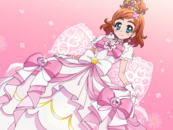 Rule 34 | 1girl, bad id, bad pixiv id, blue eyes, blush, bow, choker, cure flora, cure flora (dress up premium), dress, dress bow, earrings, gloves, go! princess precure, haruno haruka, highres, jewelry, pink background, poncho s, precure, red hair, short hair, smile, solo, tiara, waist bow, white gloves