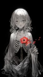 Rule 34 | 1girl, absurdres, anemone (flower), black background, bone, choker, collarbone, commentary, cowboy shot, crying, crying with eyes open, english commentary, flower, greyscale, hair between eyes, hand up, highres, holding, huge filesize, long hair, long sleeves, looking at viewer, monochrome, original, parted lips, petals, red flower, rsef, simple background, skeleton, solo, spot color, standing, tears, very long hair