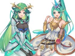 Rule 34 | 2girls, ancient greek clothes, armlet, bracelet, bracer, breasts, chest jewel, chiton, company connection, cosplay, costume switch, crossover, dress, female focus, green eyes, green hair, highres, jewelry, kid icarus, kid icarus uprising, large breasts, long hair, matching hair/eyes, multiple girls, nintendo, palutena, pneuma (xenoblade), ponytail, single thighhigh, strapless, strapless dress, thighhighs, tiara, trait connection, very long hair, white legwear, xenoblade chronicles (series), xenoblade chronicles 2, yasaikakiage