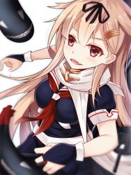Rule 34 | 10s, 1girl, :d, blurry, bow, brown eyes, depth of field, fang, fingerless gloves, gloves, hair bow, hair flaps, hair ornament, hair ribbon, hairclip, holding, kantai collection, light brown hair, long hair, looking at viewer, machinery, nahaki, open mouth, ribbon, scarf, school uniform, serafuku, simple background, sin-poi, smile, solo, torpedo, turret, white background, yuudachi (kancolle), yuudachi kai ni (kancolle)