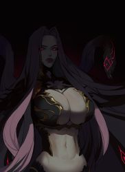 Rule 34 | 1girl, absurdres, belly, black background, breasts, cleavage, commentary, ennuigrl, fangs, fate/grand order, fate (series), gorgon (fate), hair intakes, highres, huge breasts, lipstick, long hair, looking at viewer, makeup, medusa (fate), medusa (rider) (fate), midriff, navel, pink eyes, purple hair, red background, rider, shadow, slit pupils, snake hair, solo, very long hair