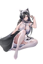 Rule 34 | 1girl, absurdres, arm behind back, august von parseval (azur lane), august von parseval (the conquered unhulde) (azur lane), azur lane, black bow, black bowtie, black hair, blush, bow, bowtie, breasts, cleavage, closed mouth, full body, hair between eyes, hair over one eye, hand in own hair, highres, large breasts, legs, long hair, looking at viewer, maid, maid headdress, official alternate costume, on floor, purple eyes, solo, thighhighs, thighs, transparent background, weixiaoren, white thighhighs