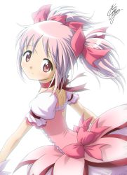 Rule 34 | 1girl, bubble skirt, choker, cowboy shot, dress, frilled sleeves, frills, from side, hair ribbon, kaname madoka, looking at viewer, magical girl, mahou shoujo madoka magica, mahou shoujo madoka magica (anime), marco albiero, pink dress, pink hair, pink ribbon, red choker, ribbon, short twintails, signature, simple background, skirt, smile, solo, standing, twintails, white background