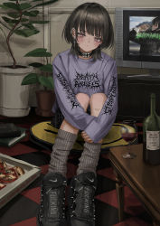 Rule 34 | 1girl, absurdres, black choker, black footwear, blouse, blush, book, boots, bottle, choker, closed mouth, cross, ear piercing, earrings, food, gishiki (gshk), glass, grey shirt, head tilt, highres, hugging own legs, jewelry, latin cross, leg warmers, long sleeves, looking at viewer, miniskirt, original, piercing, pink eyes, pizza, pizza box, pizza slice, plant, potted plant, profanity, shirt, sitting, skirt, sleeves past wrists, smiley face, solo, television, wine bottle