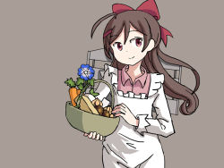 Rule 34 | 1girl, apron, basket, brown hair, carrot, commentary, cowboy shot, english commentary, flat chest, flower, grey background, hair ornament, hair ribbon, hairclip, kantai collection, kappougi, long hair, looking at viewer, machinery, mamiya (kancolle), one-hour drawing challenge, onion, red eyes, ribbon, simple background, sixten, smile, solo