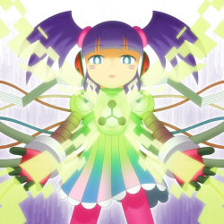Rule 34 | 1girl, android, blue eyes, call (mighty no. 9), call d, dress, eyebrows, fingerless gloves, gloves, hairband, headphones, joints, long hair, mighty no. 9, no humans, open mouth, purple hair, robot, robot joints, solo, twintails