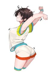 absurdres ass belt blue_belt blue_wristband blush breasts brown_hair closed_eyes closed_mouth highres hololive large_breasts messy_hair oozora_subaru oozora_subaru_(1st_costume) seiji_kimoti shirt short_hair shorts stretching virtual_youtuber white_background white_shirt white_shorts