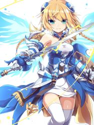Rule 34 | 1girl, aqua eyes, bare shoulders, blonde hair, braid, elbow gloves, gloves, hair ornament, highres, kozakura (dictionary), puzzle &amp; dragons, shield, sword, thighhighs, twin braids, valkyrie (p&amp;d), water valkyrie (p&amp;d), weapon, wings